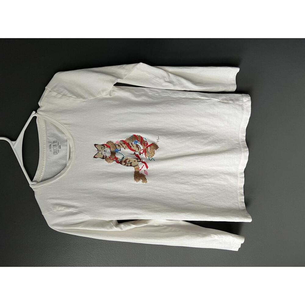 J. Crew Girl's Long Sleeve White Top with Christmas Cat Print